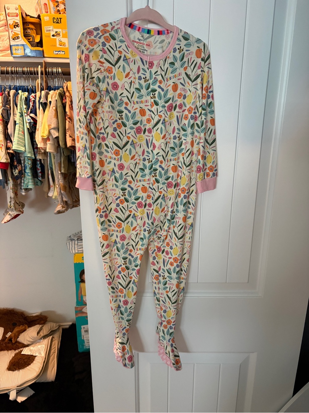 Magnetic Me Floral Footed One-Piece Pajamas - Cream with Pink Trim